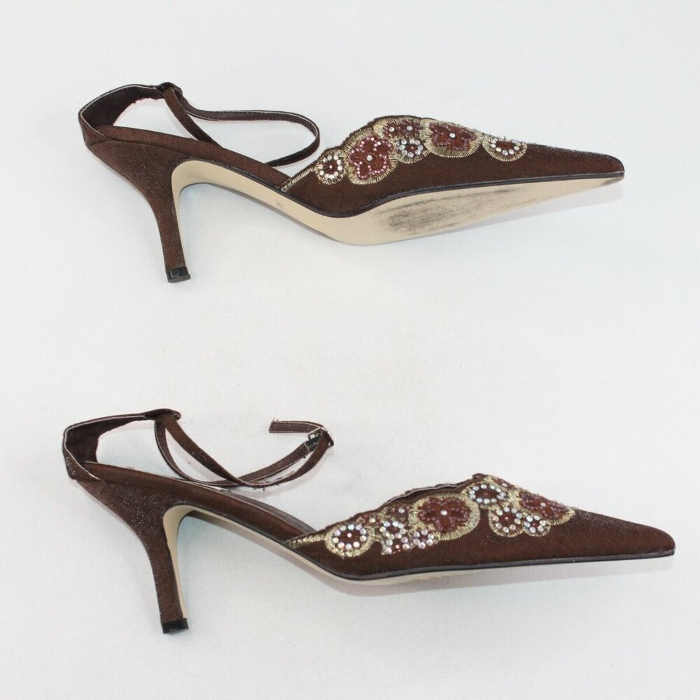 J Loren Collection 9.5M Brown Bronze Beaded Embellishment Pointed Toe Heels - Picture 7 of 10